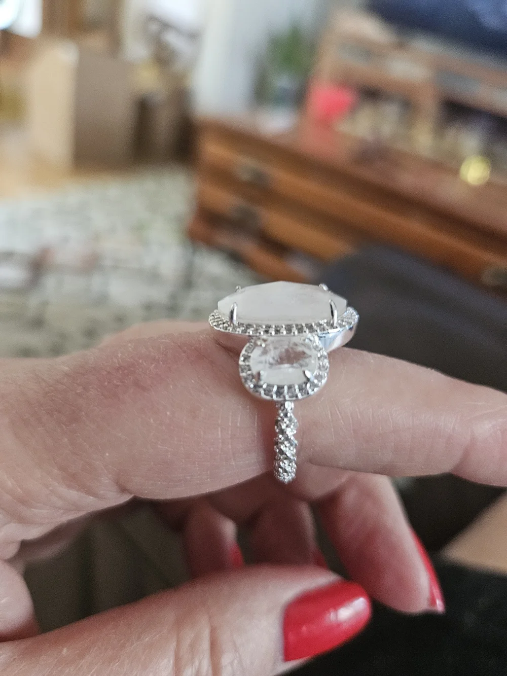 Bomb Party Silver-Tone White Oval Halo Ring with Side Stones - Sz 10